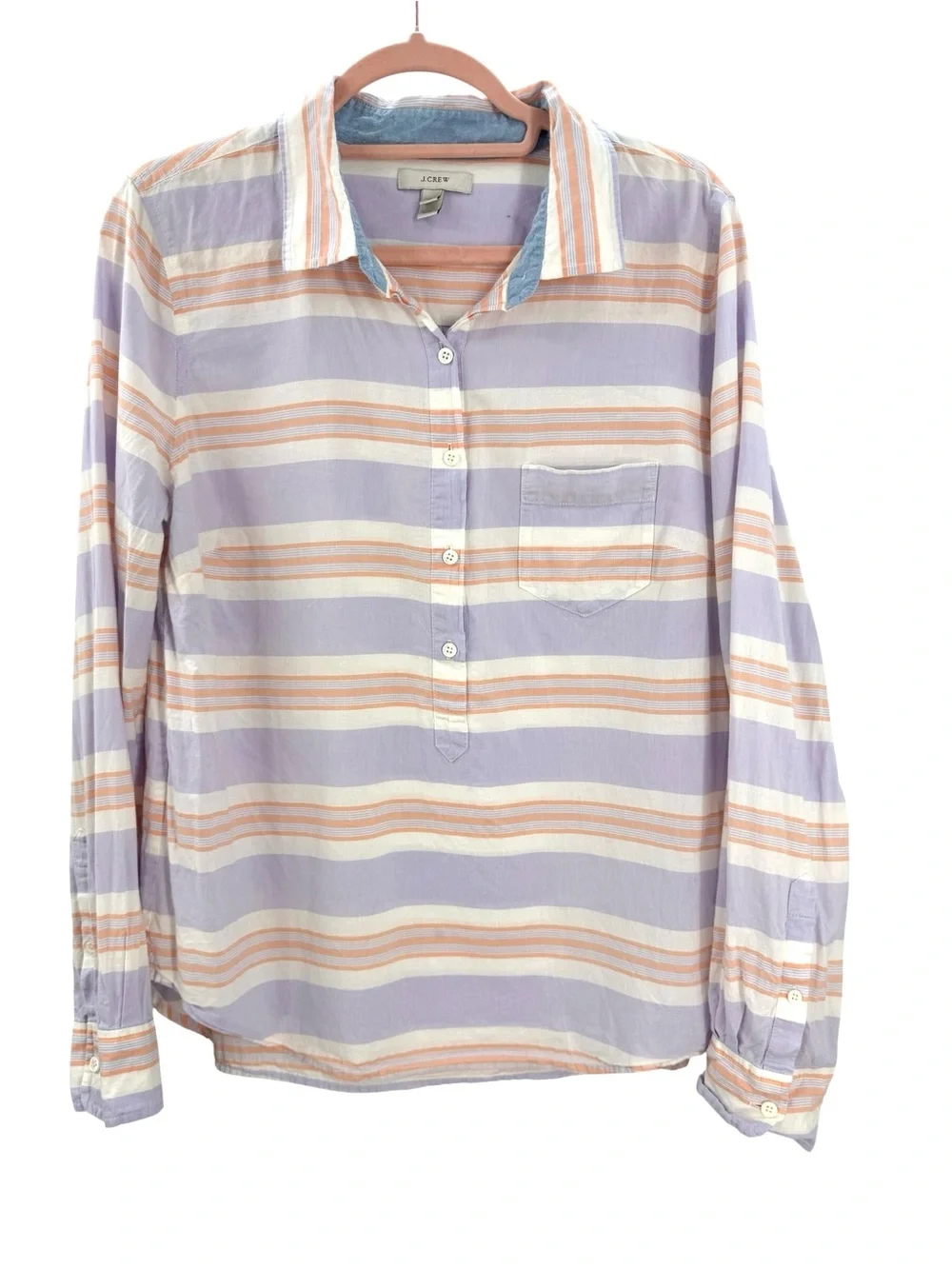 J.Crew Size 12 Striped Popover Shirt Lavender Orange Cotton Button Down